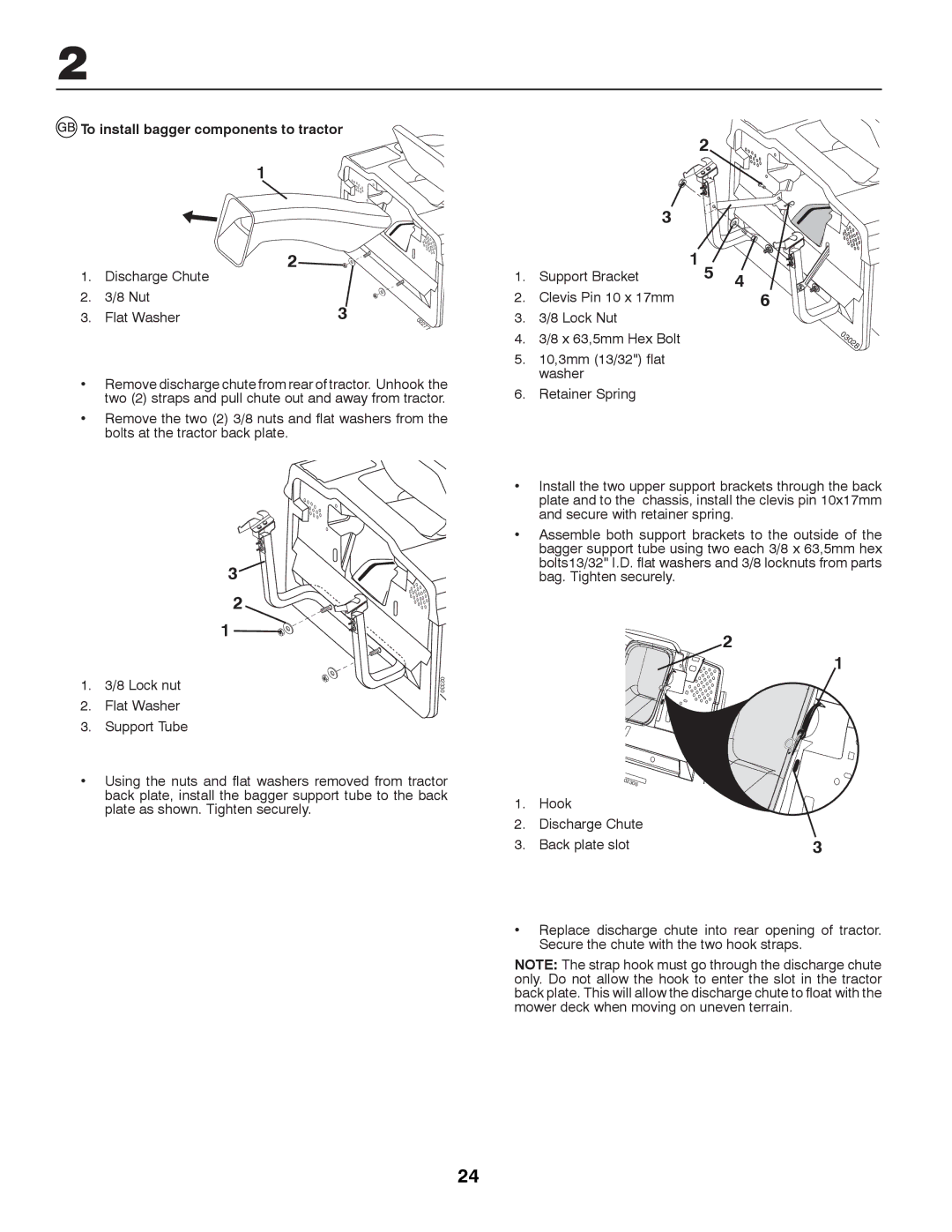 Partner Tech P12597RB instruction manual To install bagger components to tractor, Discharge Chute Nut Flat Washer 