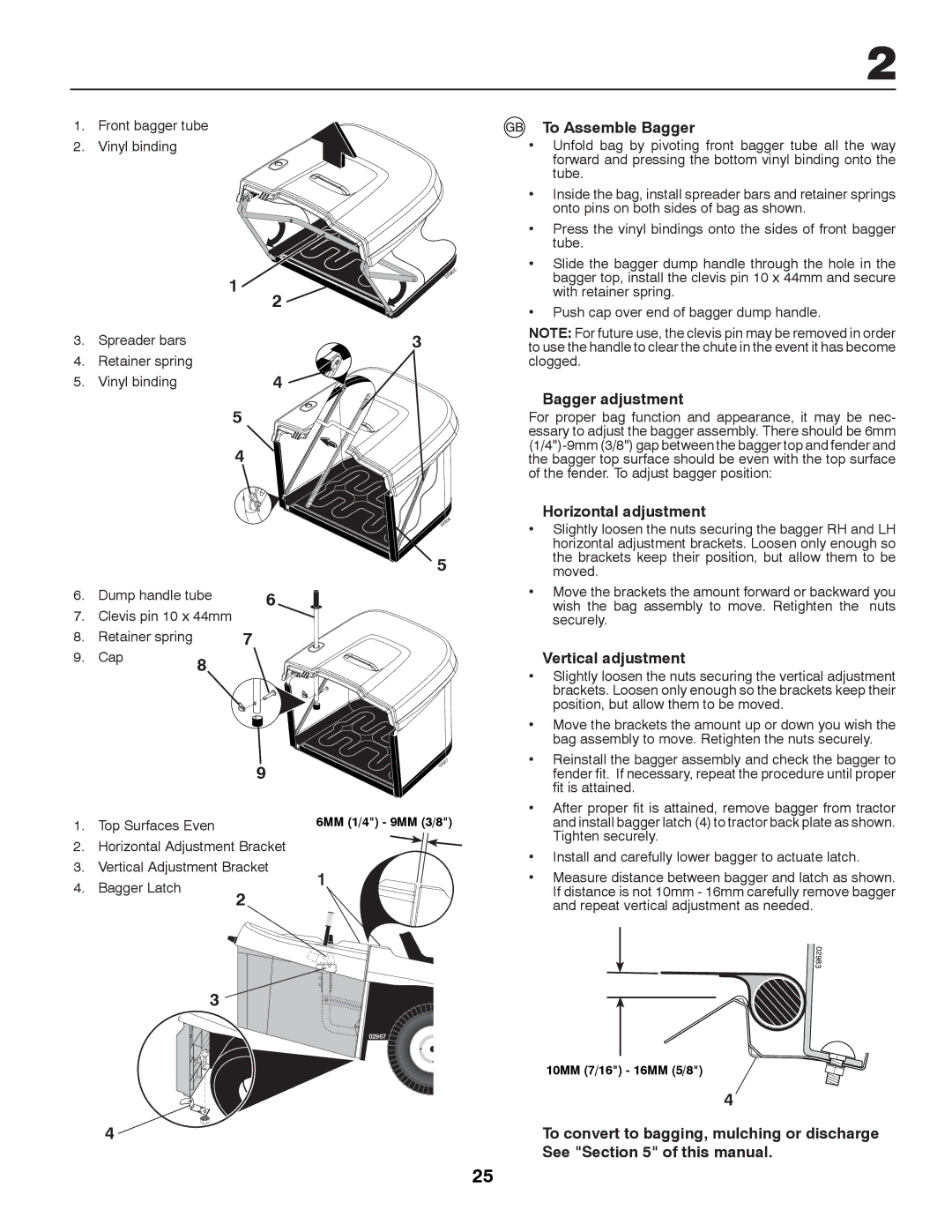 Partner Tech P12597RB instruction manual To Assemble Bagger, Bagger adjustment, Horizontal adjustment, Vertical adjustment 