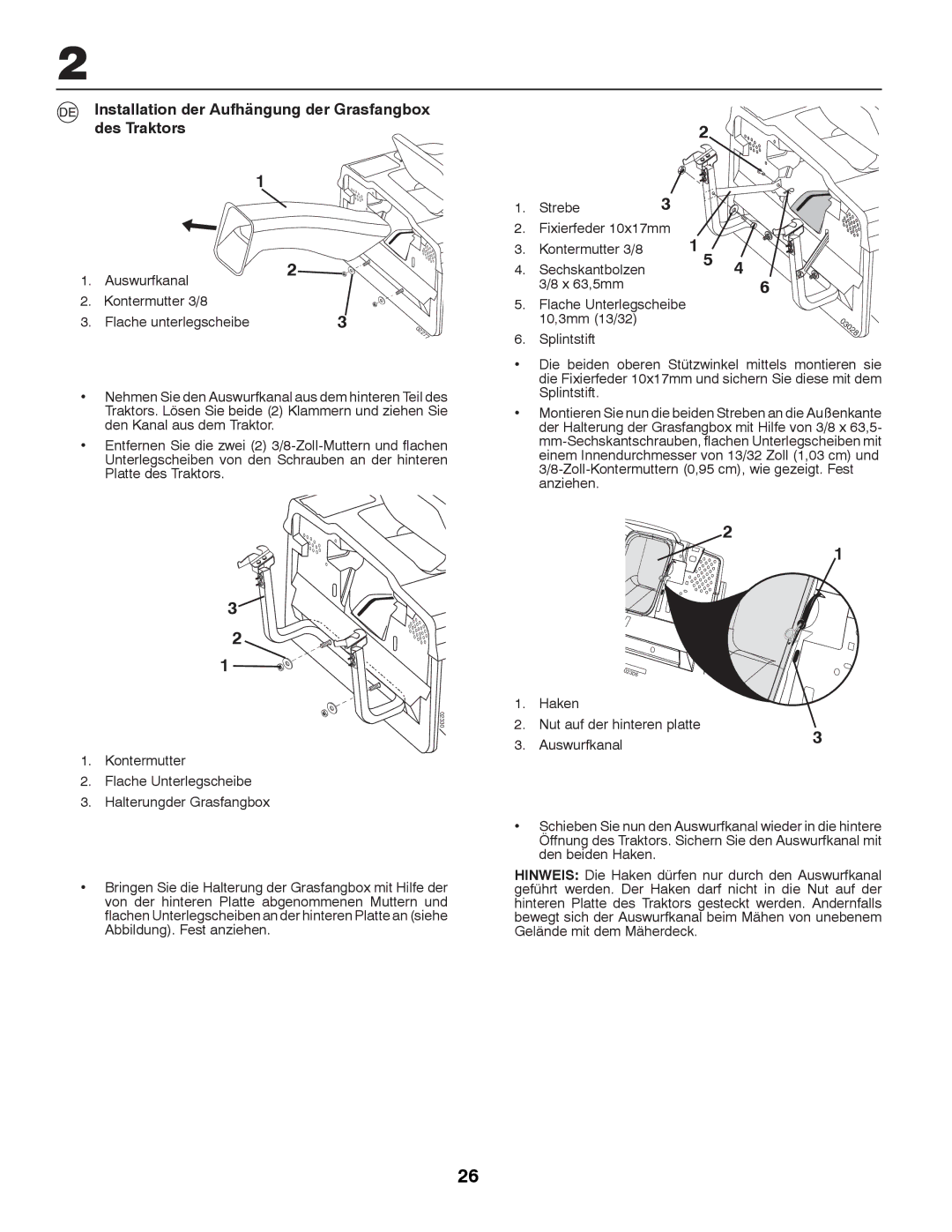 Partner Tech P12597RB instruction manual Installation der Aufhängung der Grasfangbox des Traktors 