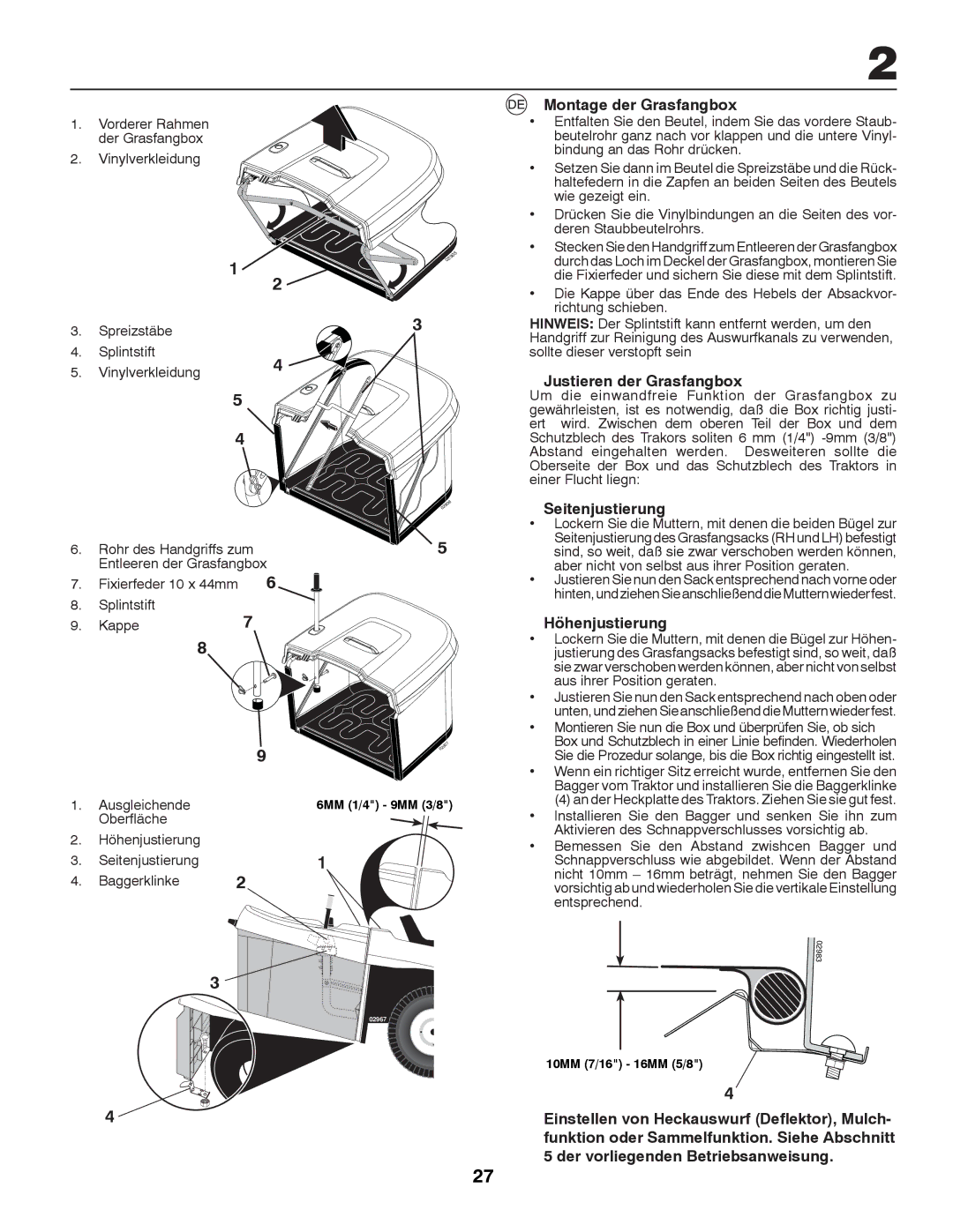 Partner Tech P12597RB Montage der Grasfangbox, Justieren der Grasfangbox, Seitenjustierung, Höhenjustierung 