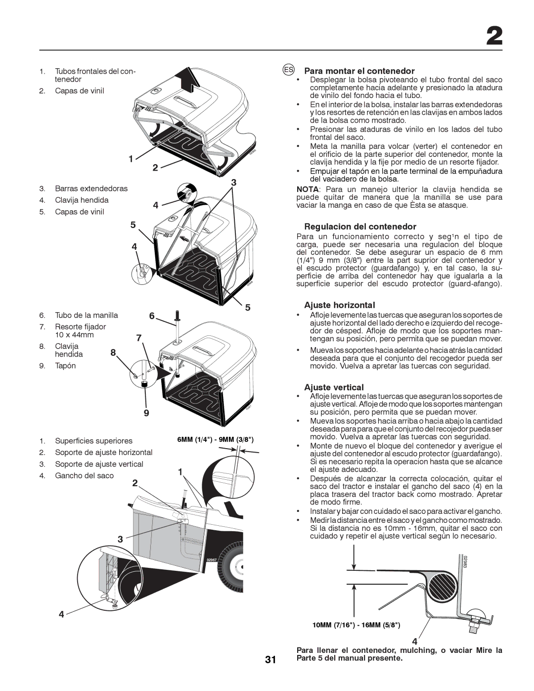 Partner Tech P12597RB Para montar el contenedor, Regulacion del contenedor, Ajuste horizontal, Ajuste vertical 