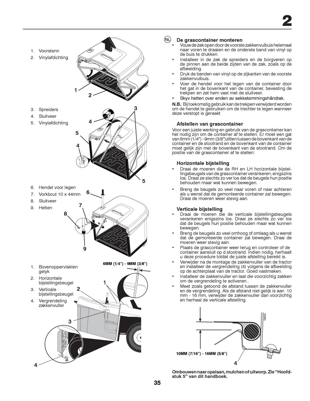 Partner Tech P12597RB instruction manual De grascontainer monteren, Afstellen van grascontainer, Horizontale bijstelling 