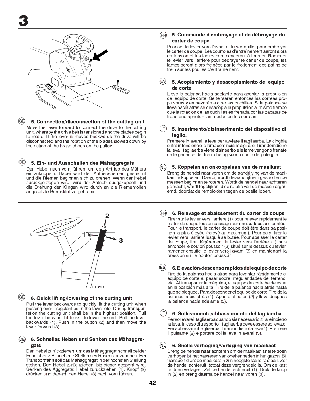 Partner Tech P12597RB Connection/disconnection of the cutting unit, Ein- und Ausschalten des Mähaggregats 