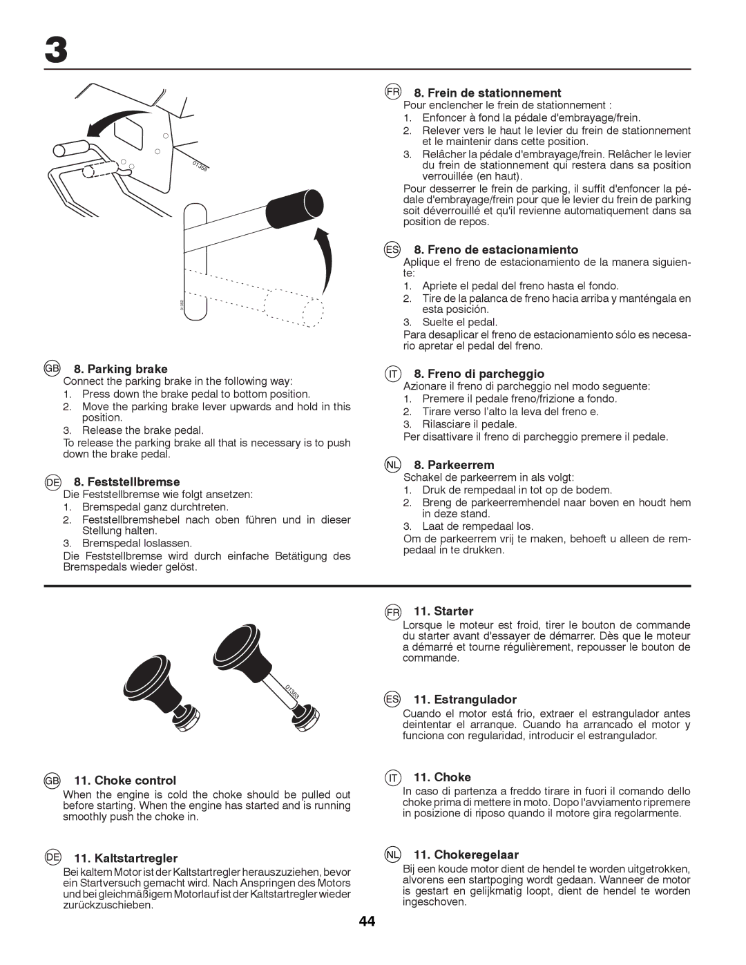 Partner Tech P12597RB Parking brake, Feststellbremse, Choke control, Kaltstartregler, Frein de stationnement, Parkeerrem 