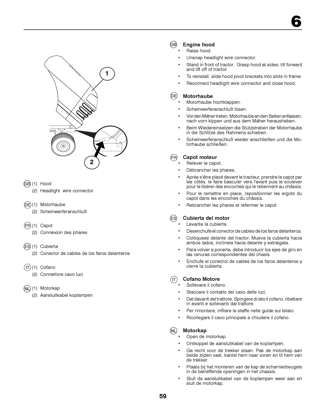 Partner Tech P12597RB instruction manual Engine hood, Motorhaube, Capot moteur, Cubierta del motor, Cofano Motore, Motorkap 