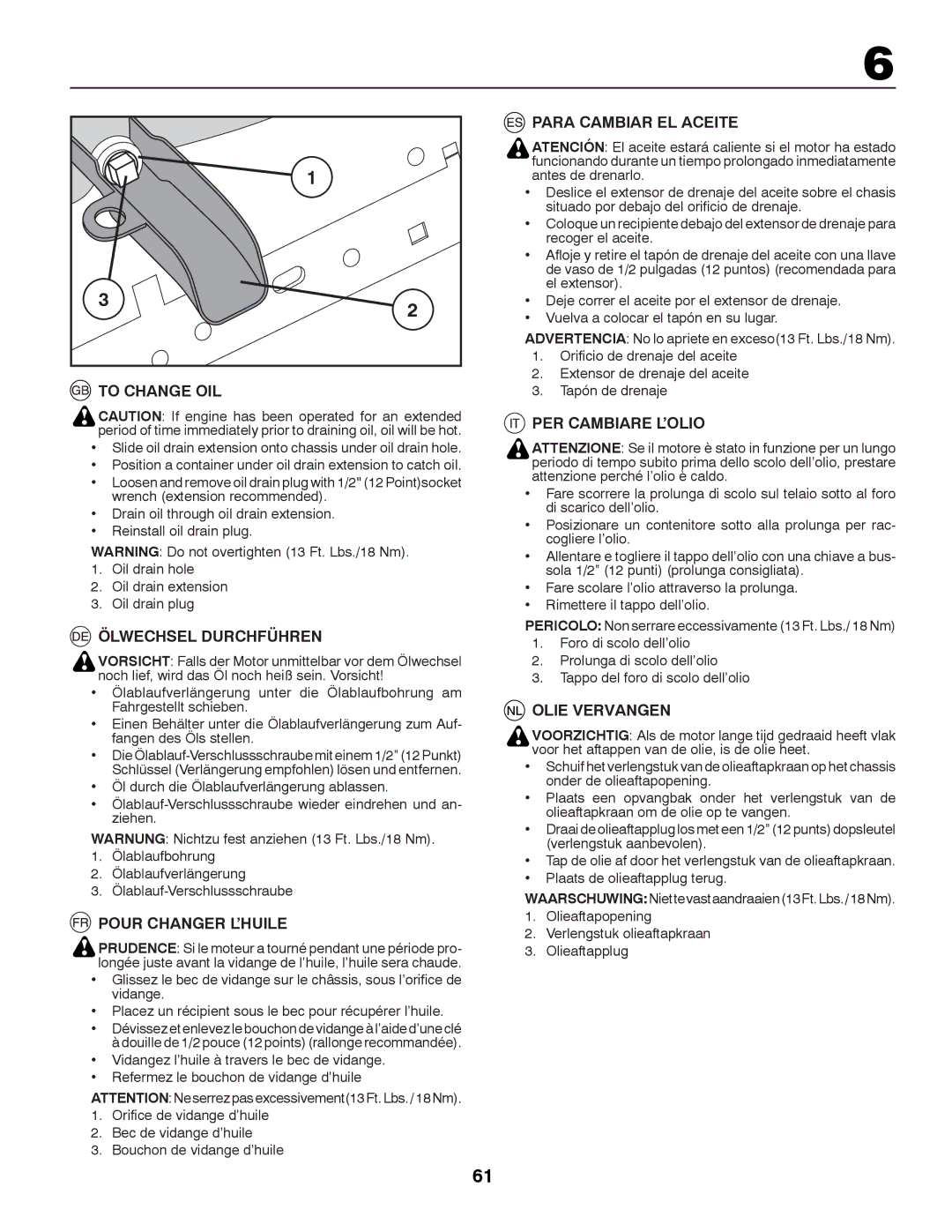 Partner Tech P12597RB To Change OIL, Ölwechsel Durchführen, Pour Changer L’HUILE, Para Cambiar EL Aceite, Olie Vervangen 