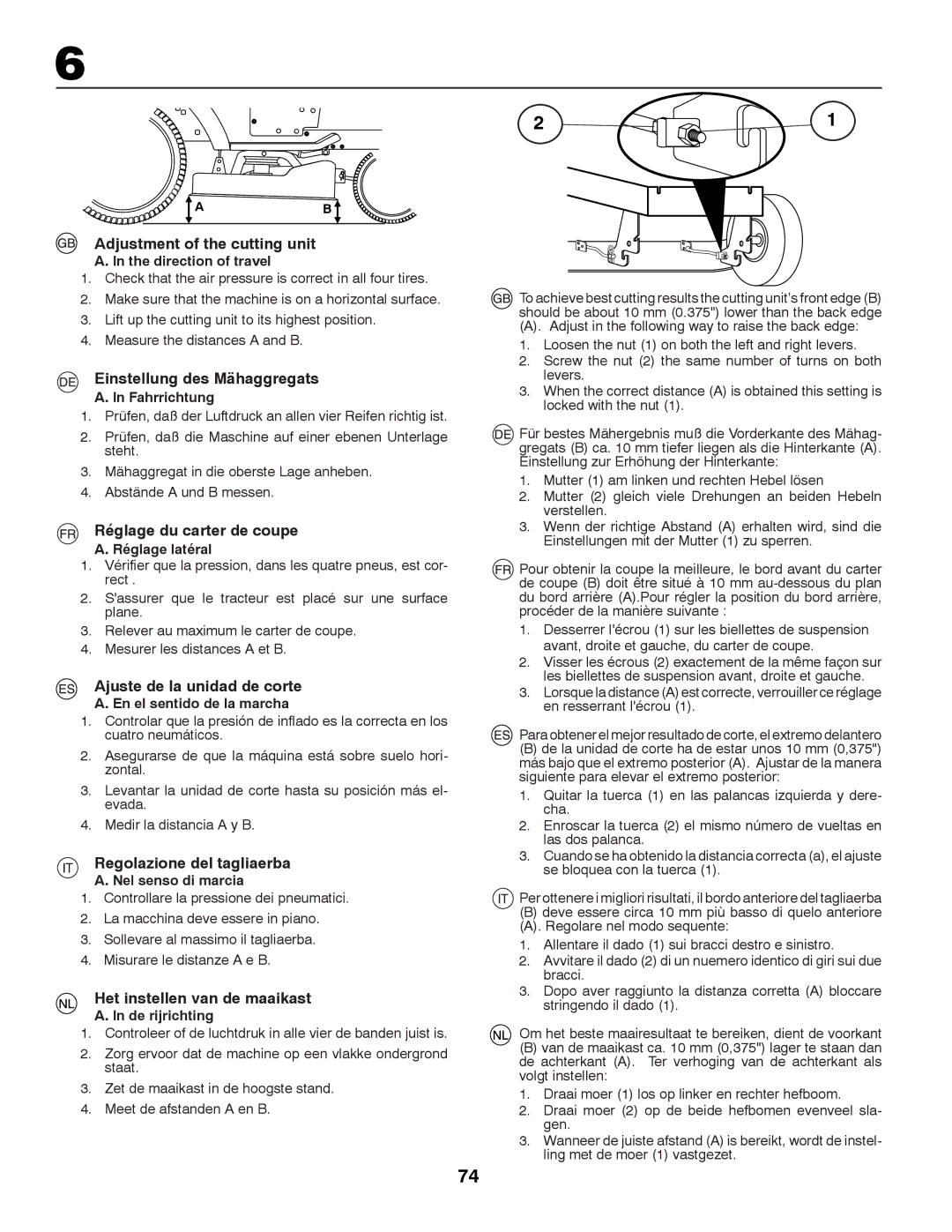 Partner Tech P12597RB Adjustment of the cutting unit, Einstellung des Mähaggregats, Réglage du carter de coupe 