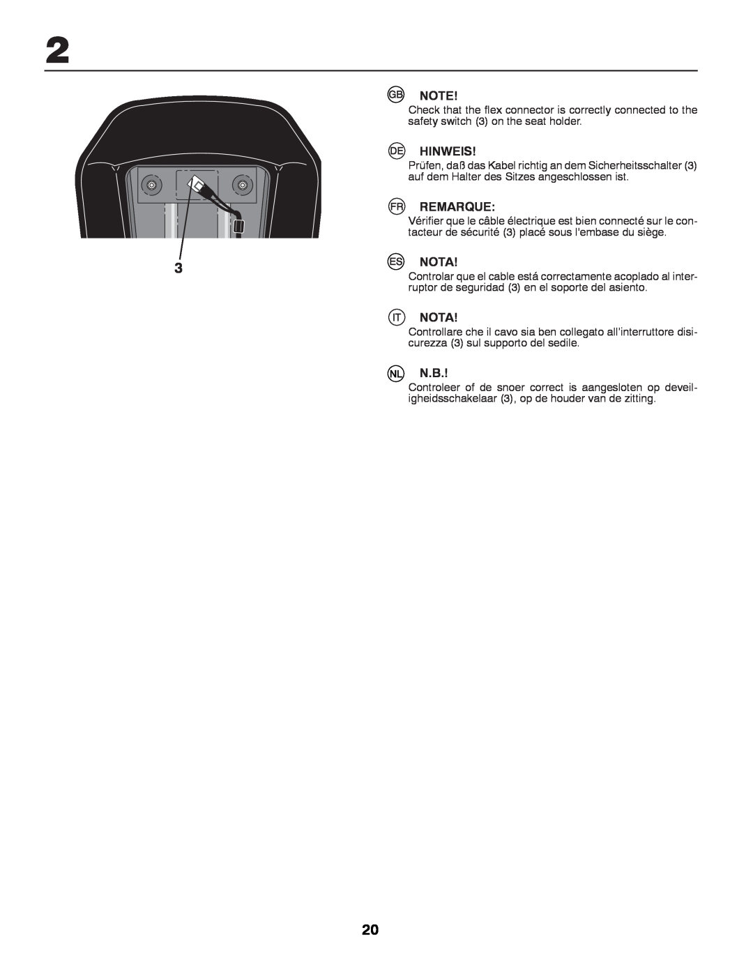 Partner Tech P12597RB instruction manual Hinweis, Remarque, Nota, tacteur de sécurité 3 placé sous lembase du siège 