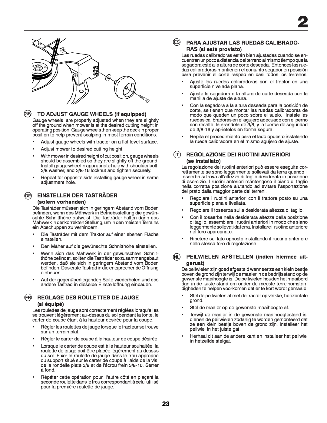 Partner Tech P12597RB instruction manual TO ADJUST GAUGE WHEELS if equipped, EINSTELLEN DER TASTRÄDER sofern vorhanden 