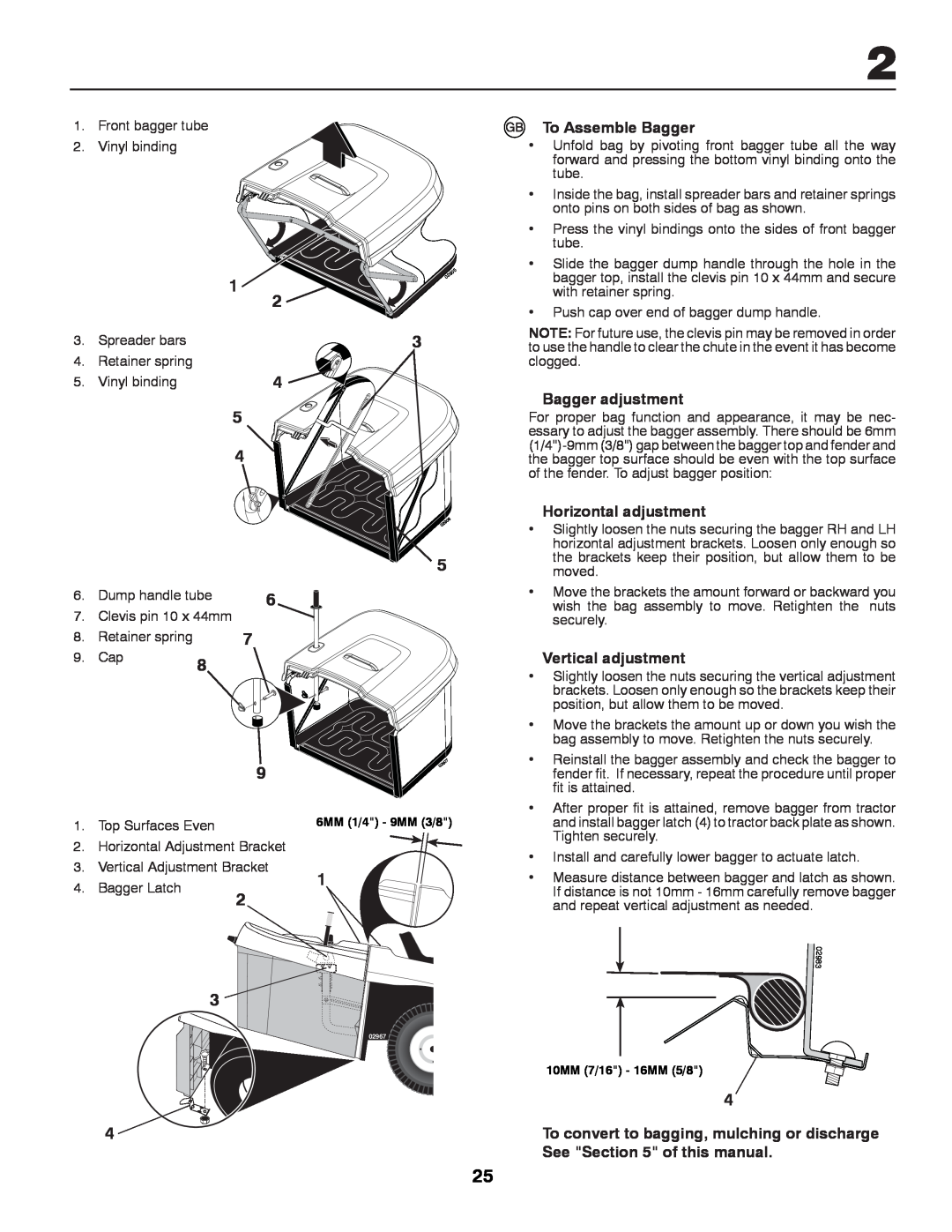 Partner Tech P12597RB instruction manual To Assemble Bagger, Bagger adjustment, Horizontal adjustment, Vertical adjustment 