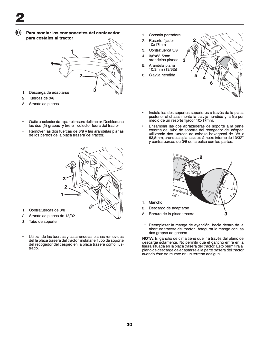 Partner Tech P12597RB instruction manual Para montar los componentes del contenedor para costales al tractor 