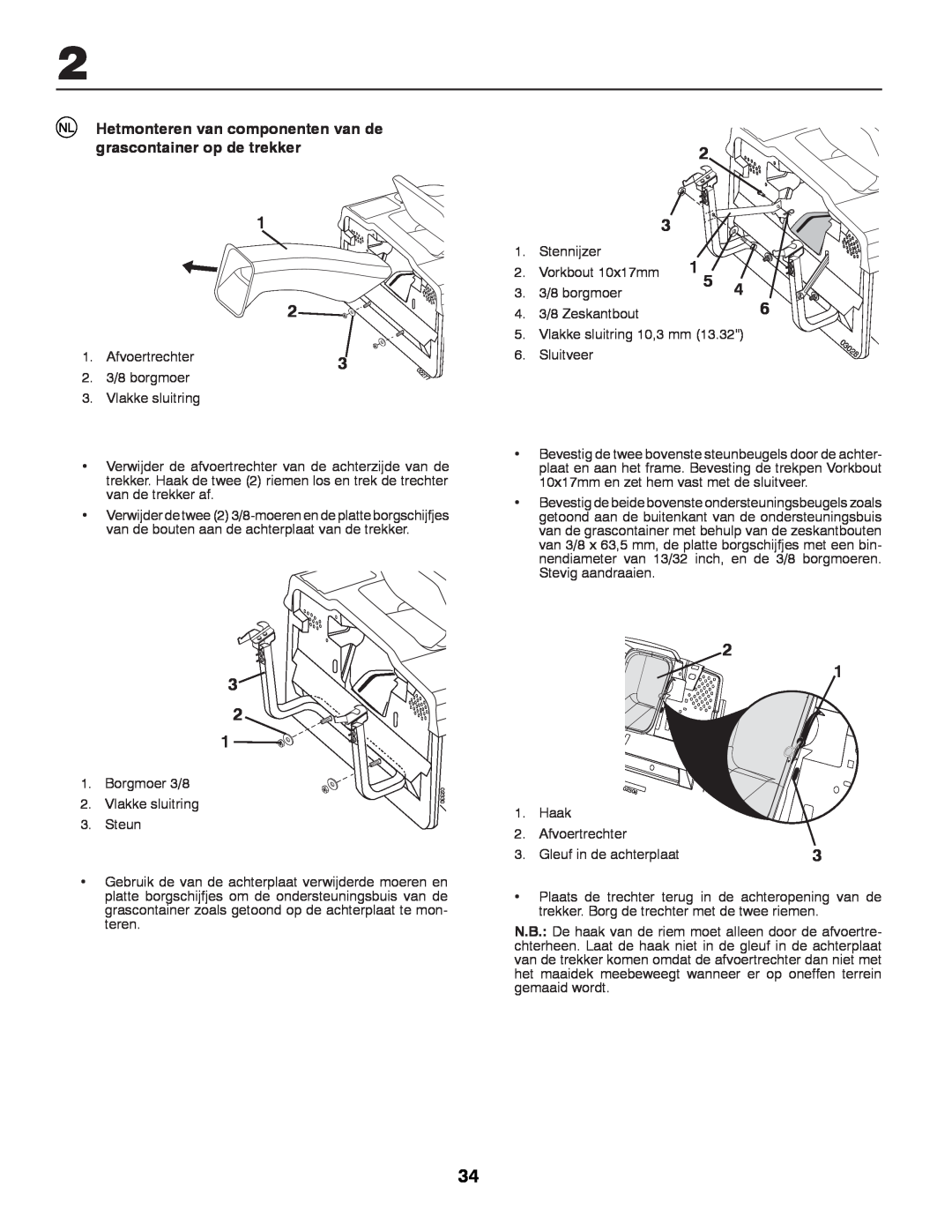 Partner Tech P12597RB instruction manual Hetmonteren van componenten van de grascontainer op de trekker, Vorkbout 10x17mm 