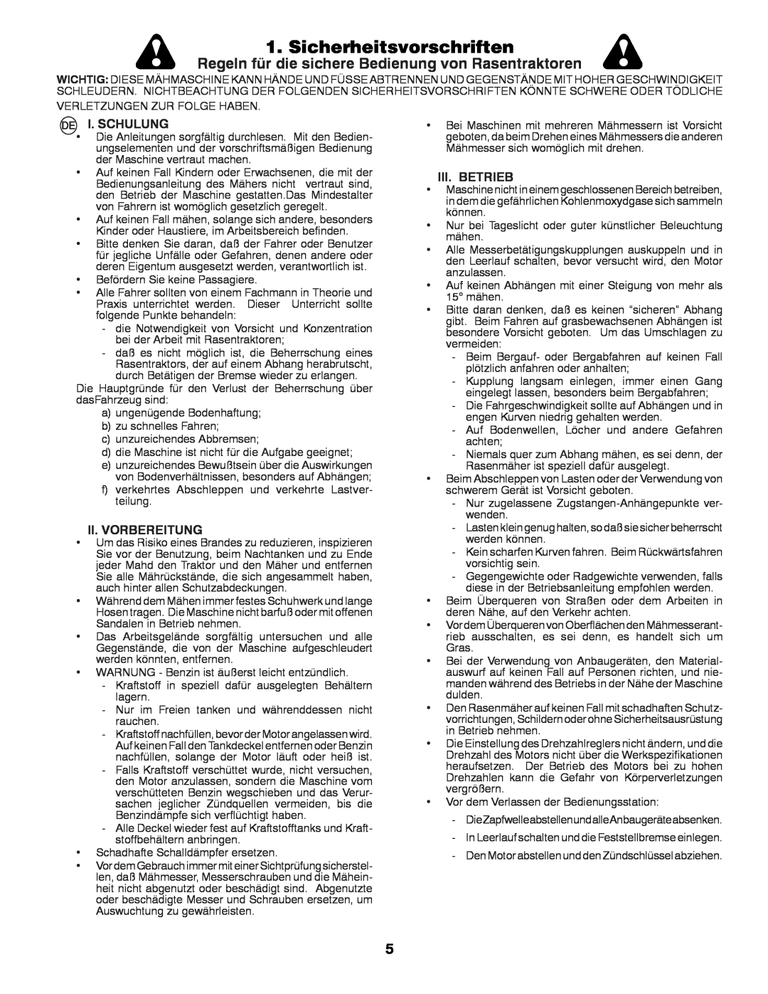 Partner Tech P12597RB Sicherheitsvorschriften, Regeln für die sichere Bedienung von Rasentraktoren, I. Schulung 