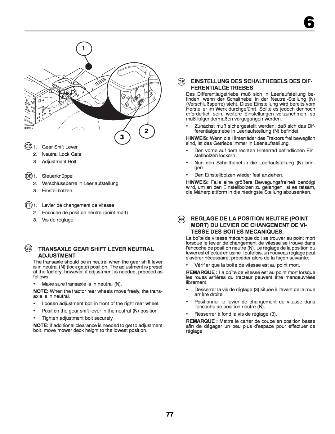 Partner Tech P12597RB instruction manual Transaxle Gear Shift Lever Neutral Adjustment 