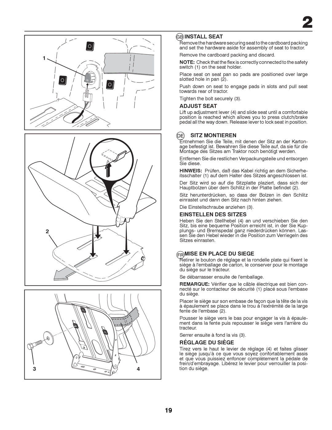 Partner Tech P145107 manual Install Seat, Adjust Seat, Sitz Montieren, Einstellen DES Sitzes, Mise EN Place DU Siege 