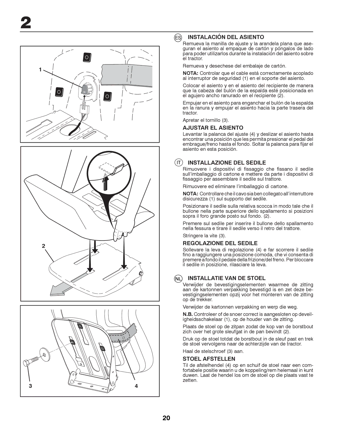 Partner Tech P145107 manual Instalación DEL Asiento, Ajustar EL Asiento, Installazione DEL Sedile, Regolazione DEL Sedile 