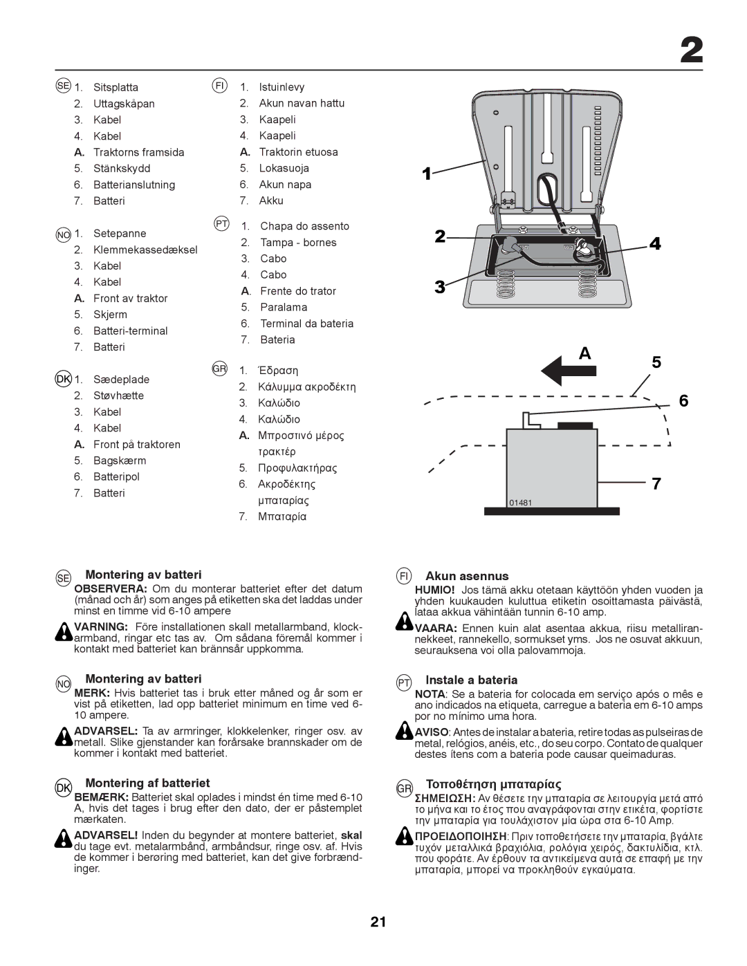 Partner Tech P145107 manual Montering av batteri, Montering af batteriet, Akun asennus, PT Instale a bateria 