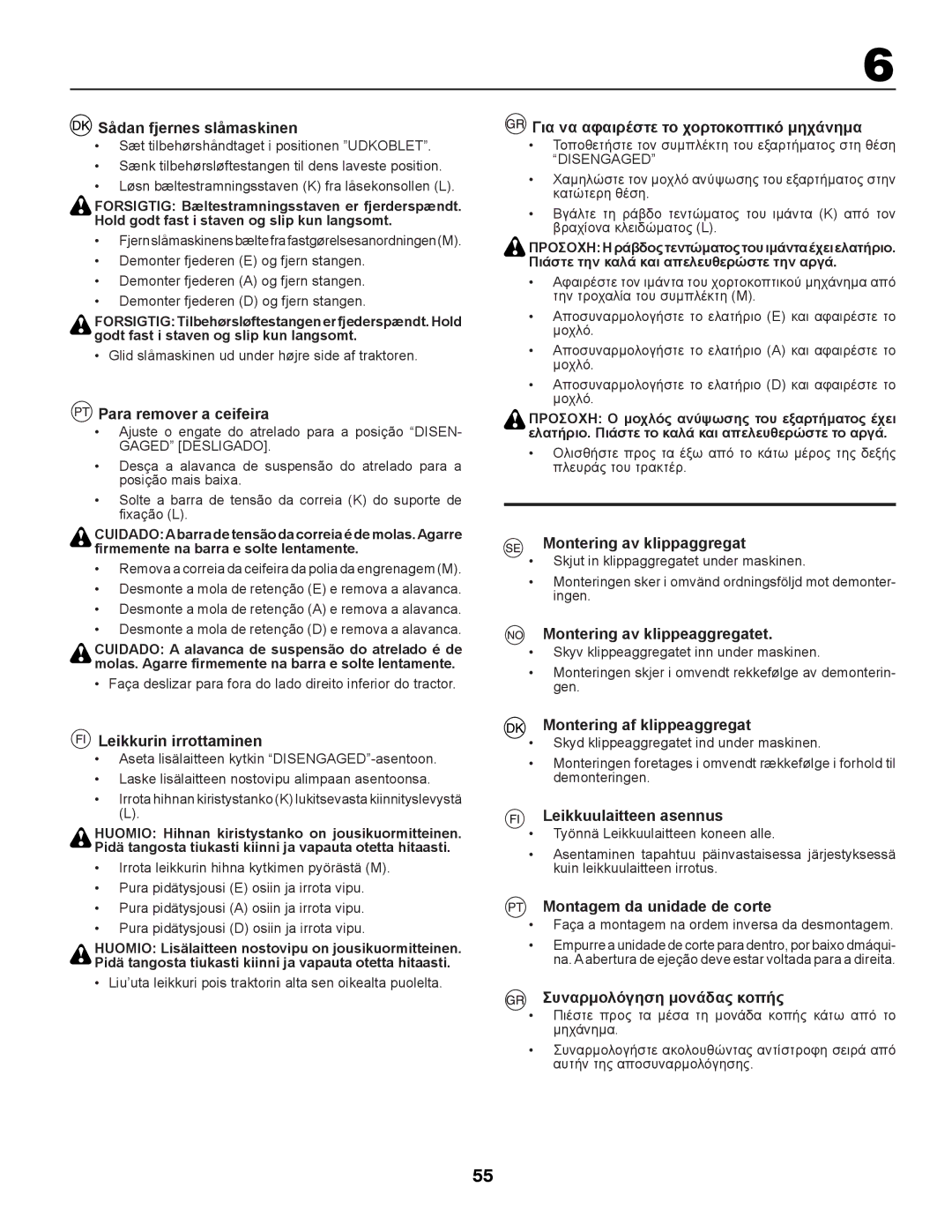 Partner Tech P145107 manual Sådan fjernes slåmaskinen, PT Para remover a ceifeira, Leikkurin irrottaminen 