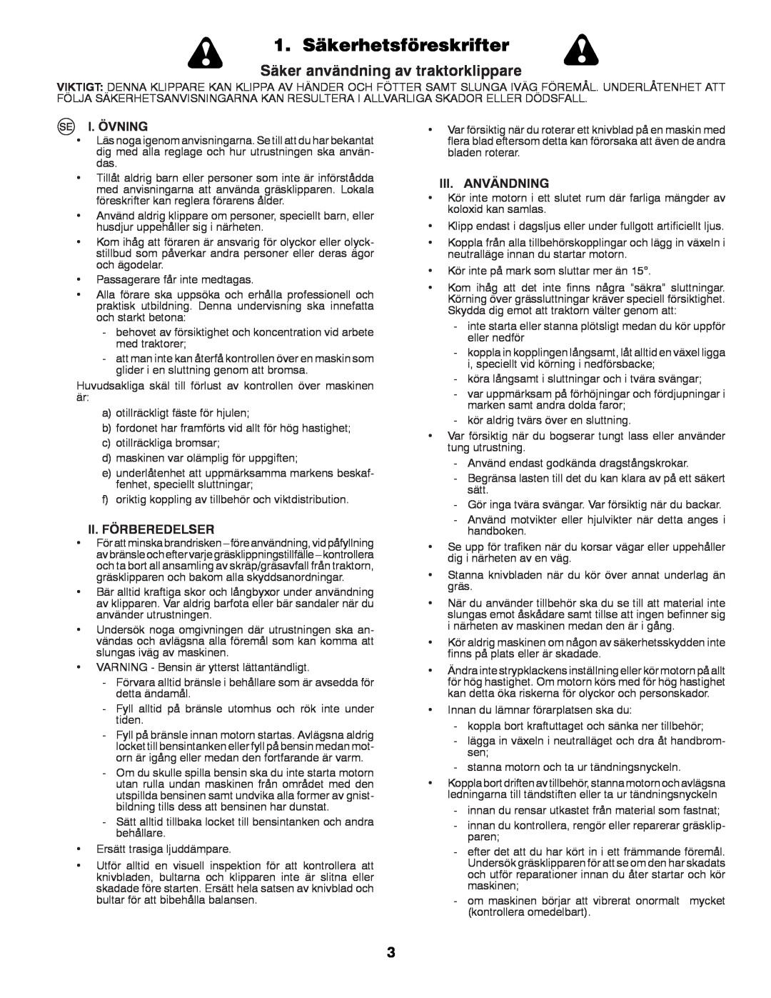 Partner Tech P145107 manual 1. Säkerhetsföreskrifter, Säker användning av traktorklippare 