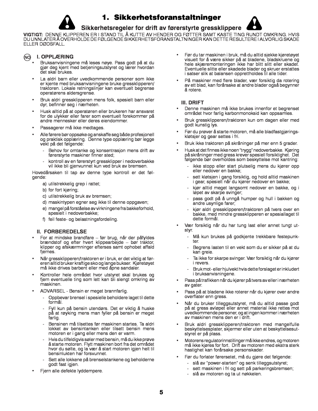 Partner Tech P145107 manual Sikkerhetsforanstaltninger, I. Opplæring, Ii. Forberedelse, Iii.Drift 
