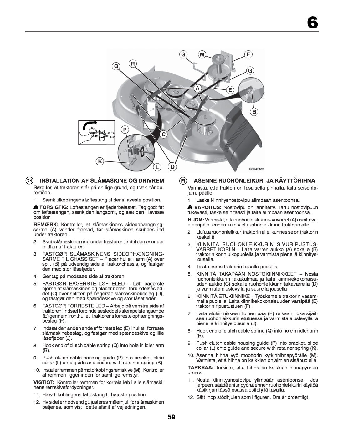 Partner Tech P145107 manual G Mf Q R G, A E B C, K L D, Installation Af Slåmaskine Og Drivrem 