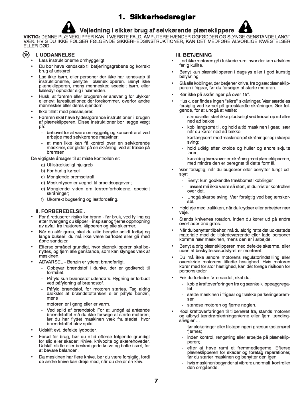 Partner Tech P145107 manual Sikkerhedsregler, I. Uddannelse, Ii. Forberedelse, Iii.Betjening 