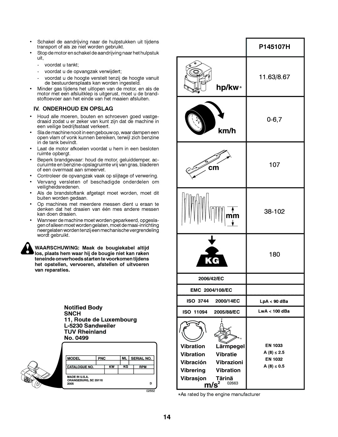 Partner Tech P145107H instruction manual IV. Onderhoud EN Opslag, As rated by the engine manufacturer 