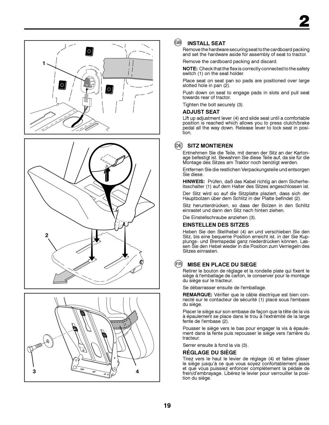 Partner Tech P145107H Install Seat, Adjust Seat, Sitz Montieren, Einstellen DES Sitzes, Mise EN Place DU Siege 