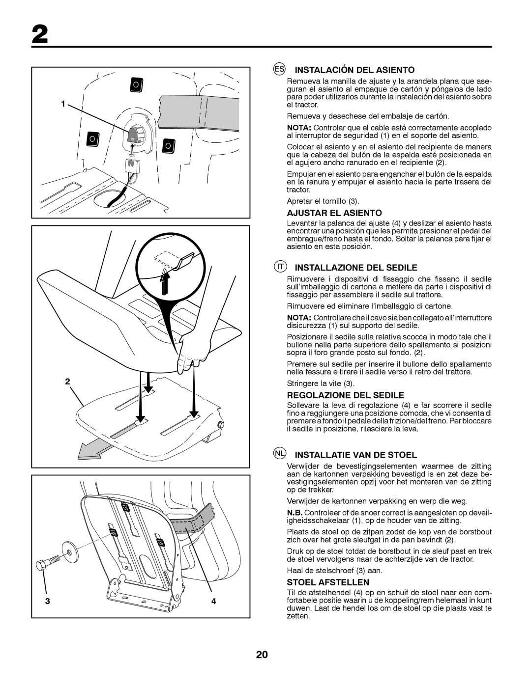 Partner Tech P145107H Instalación DEL Asiento, Ajustar EL Asiento, Installazione DEL Sedile, Regolazione DEL Sedile 