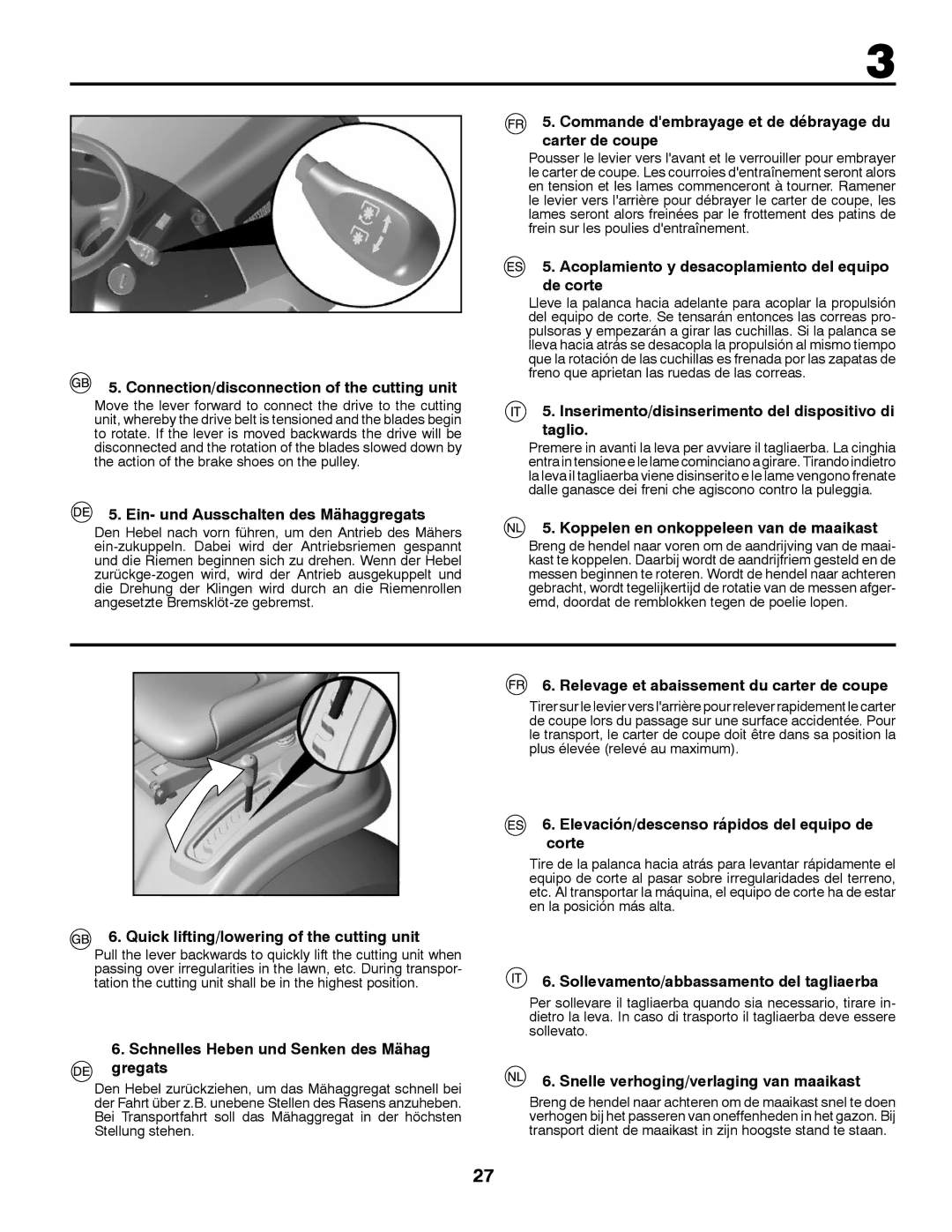 Partner Tech P145107H Connection/disconnection of the cutting unit, Ein- und Ausschalten des Mähaggregats 