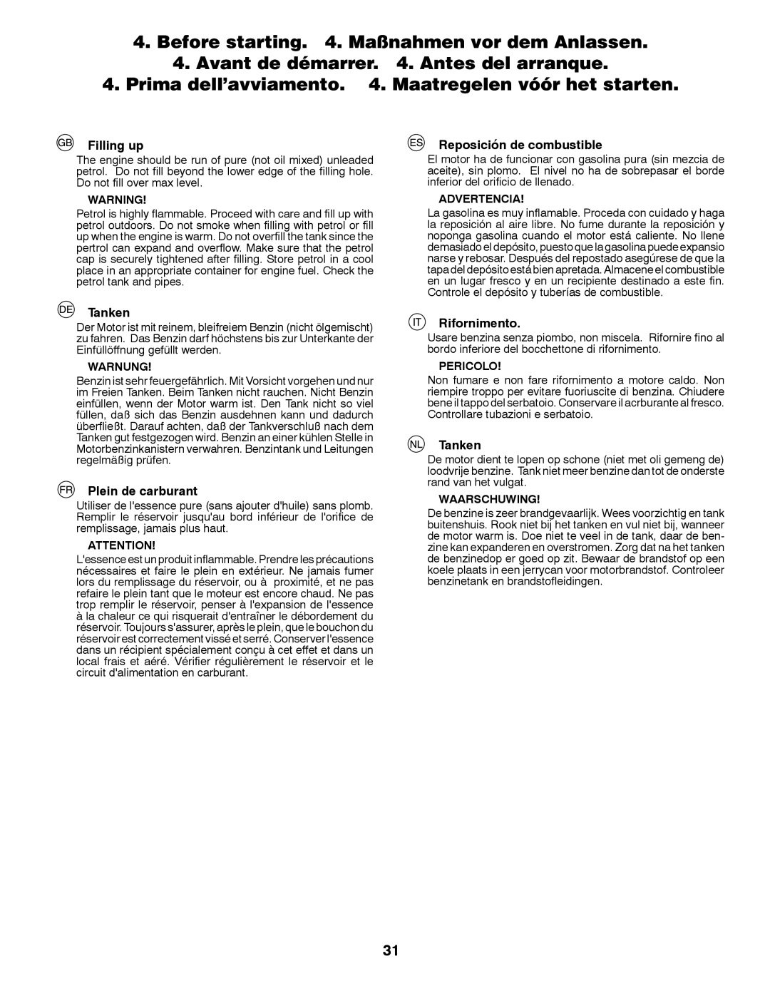 Partner Tech P145107H instruction manual Filling up, Reposición de combustible, Tanken, Plein de carburant, Rifornimento 