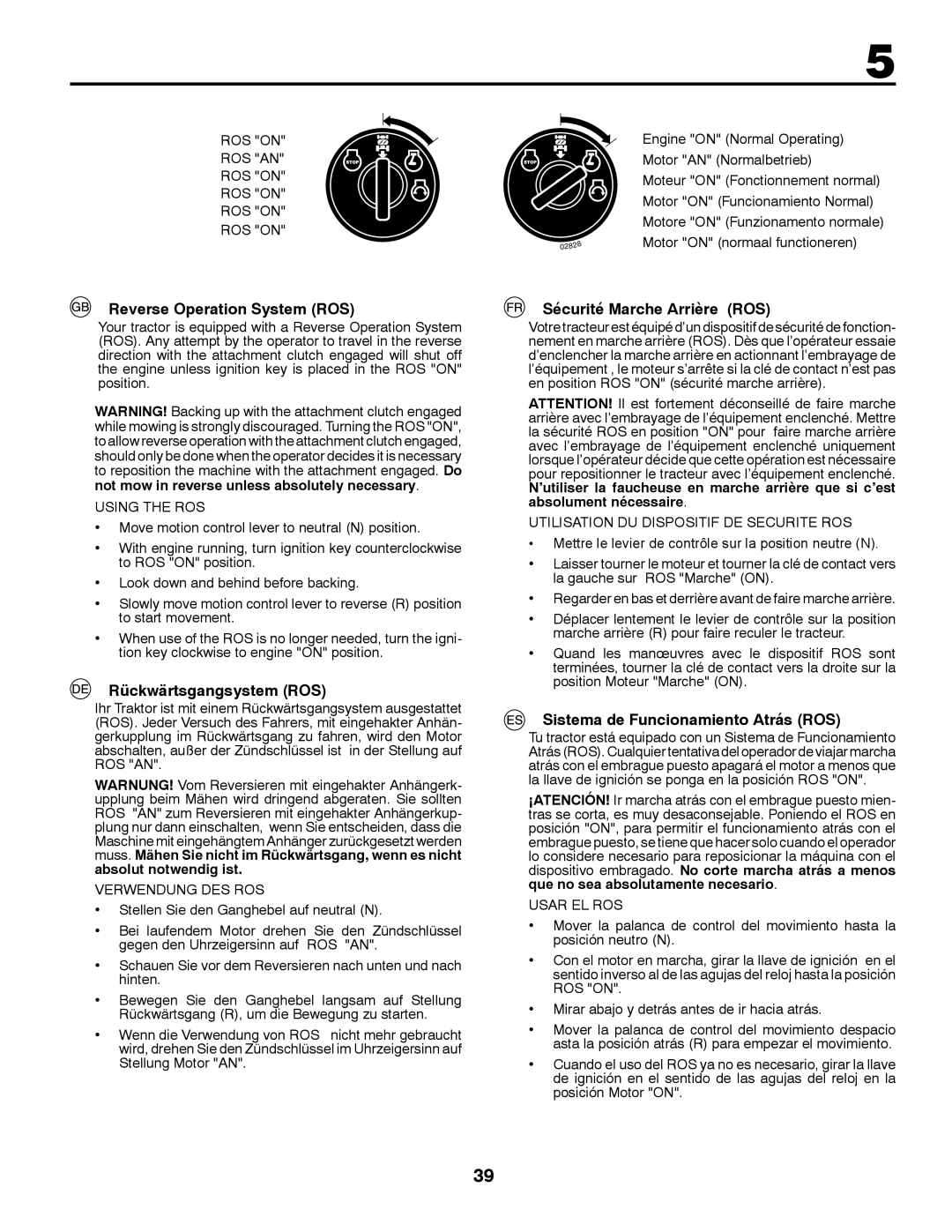 Partner Tech P145107H instruction manual Reverse Operation System ROS, Rückwärtsgangsystem ROS, Sécurité Marche Arrière ROS 