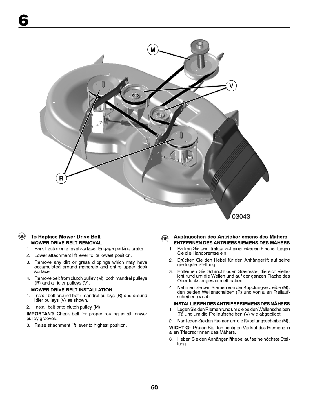 Partner Tech P145107H instruction manual To Replace Mower Drive Belt, Austauschen des Antriebsriemens des Mähers 