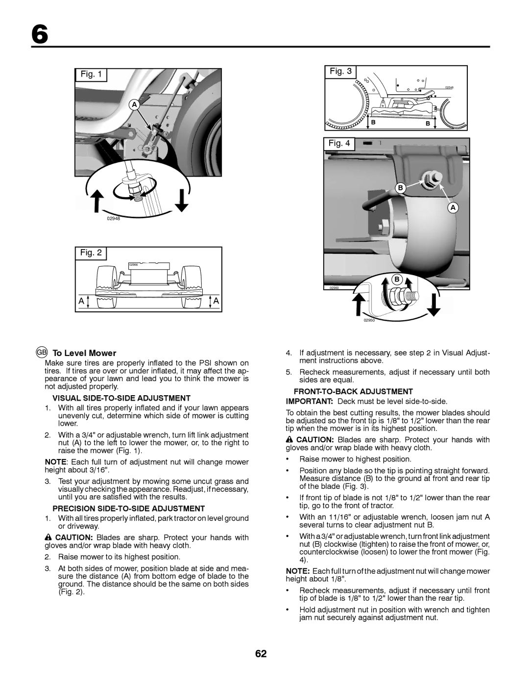 Partner Tech P145107H instruction manual To Level Mower, Visual SIDE-TO-SIDE Adjustment, Precision SIDE-TO-SIDE Adjustment 