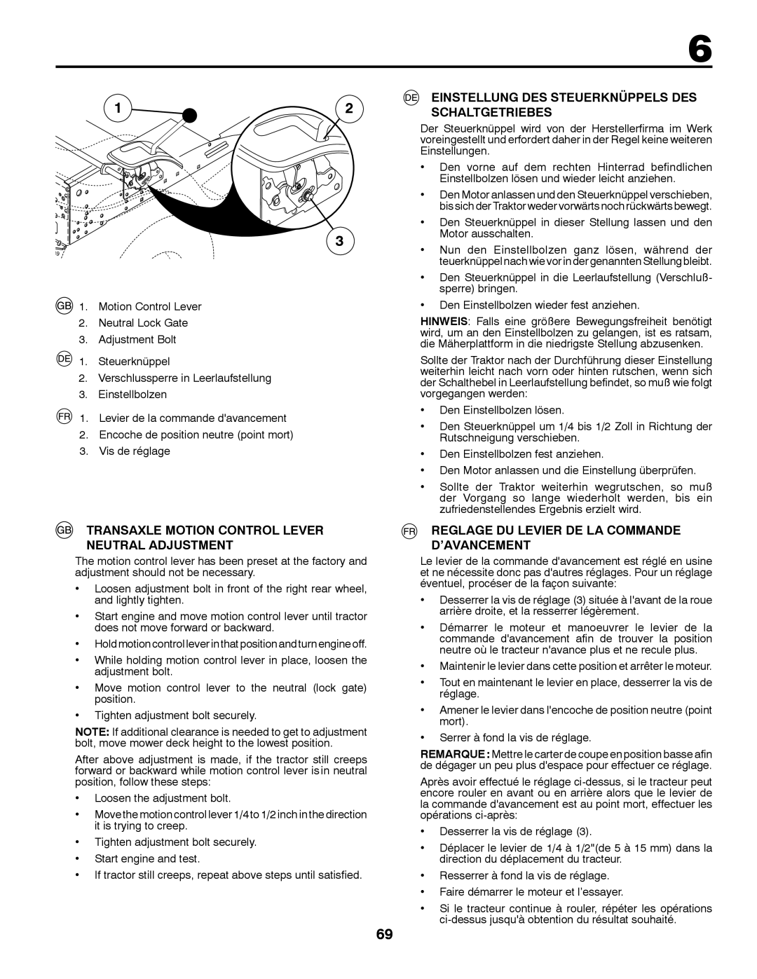 Partner Tech P145107H Transaxle Motion Control Lever Neutral Adjustment, Reglage DU Levier DE LA Commande D’AVANCEMENT 