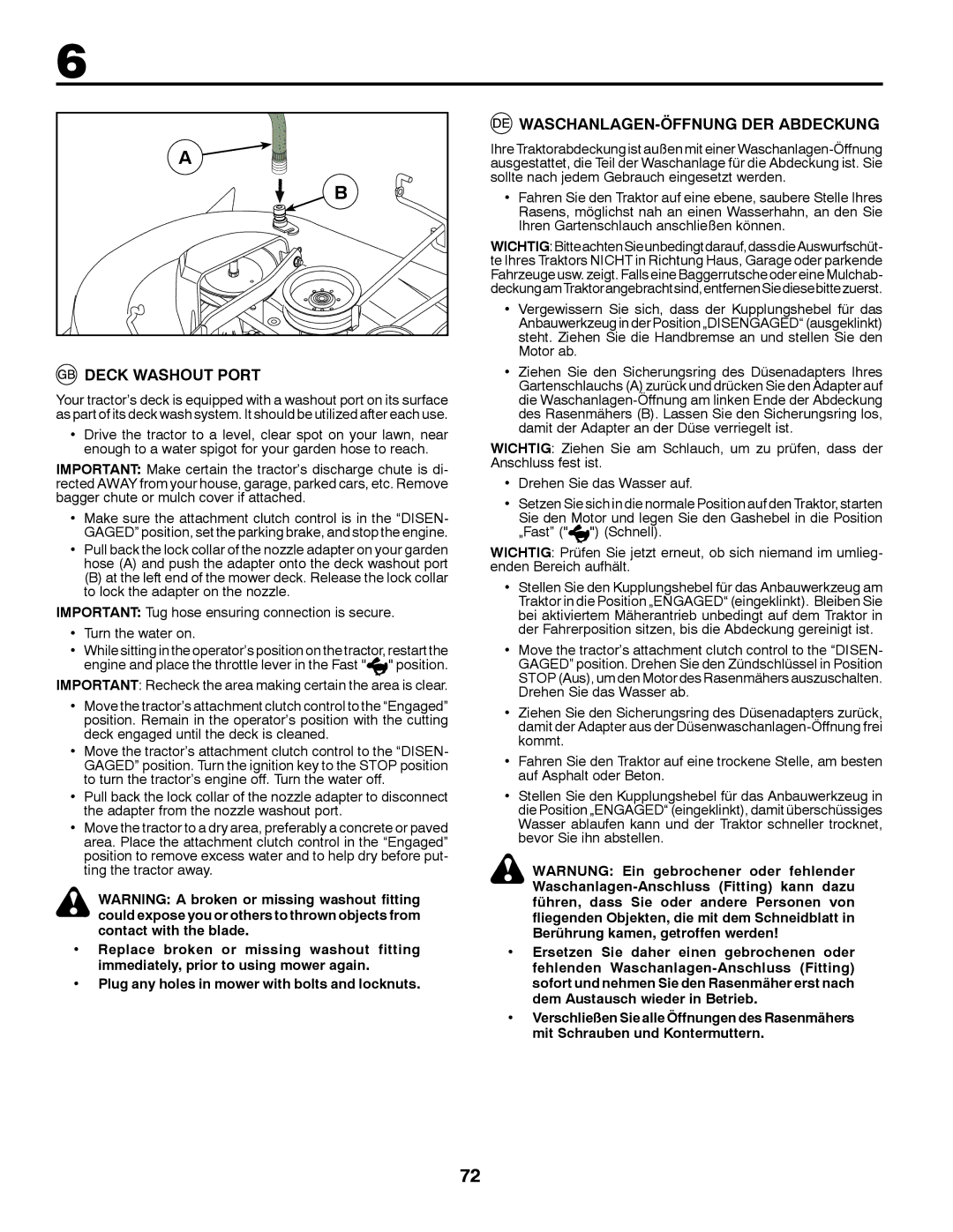 Partner Tech P145107H instruction manual Deck Washout Port, WASCHANLAGEN-ÖFFNUNG DER Abdeckung 