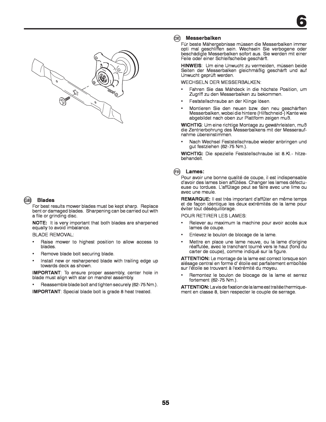 Partner Tech P145107H instruction manual Blades, Messerbalken, Lames 