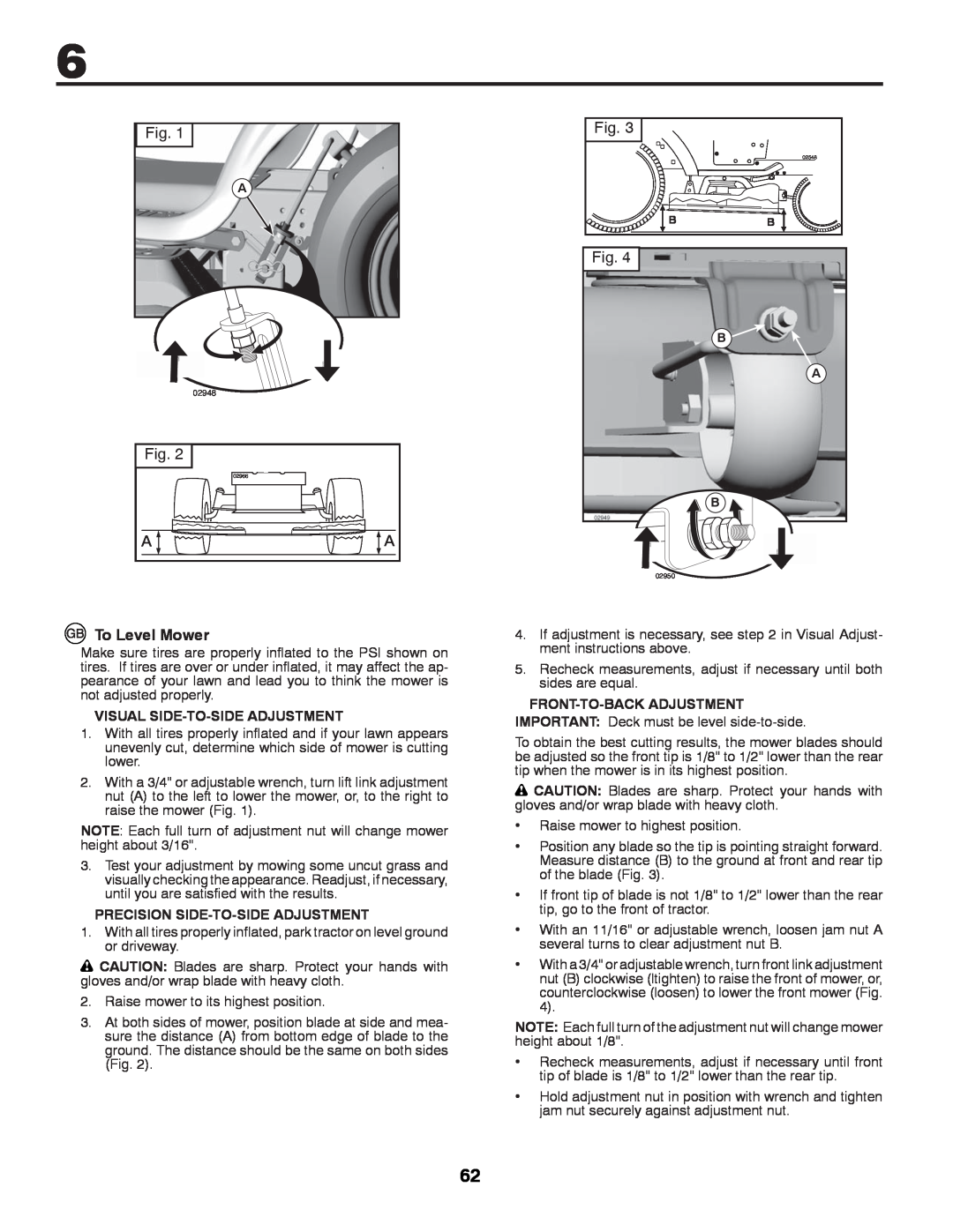 Partner Tech P145107H instruction manual To Level Mower, Visual Side-To-Side Adjustment, Precision Side-To-Side Adjustment 