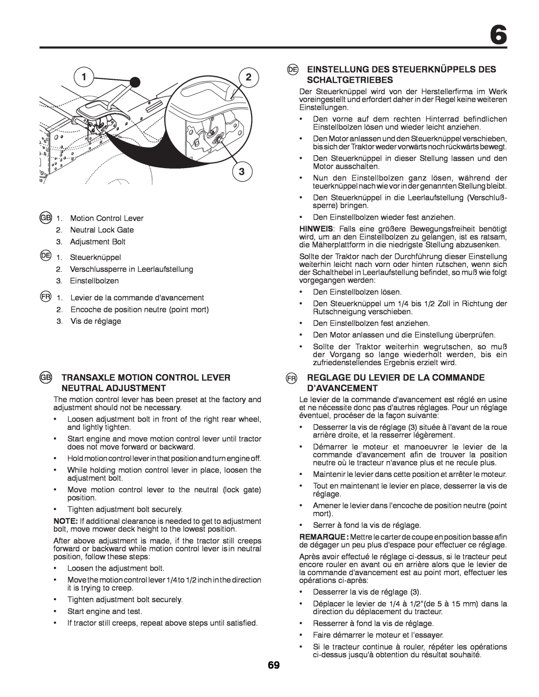 Partner Tech P145107H Transaxle Motion Control Lever Neutral Adjustment, Reglage Du Levier De La Commande D’Avancement 
