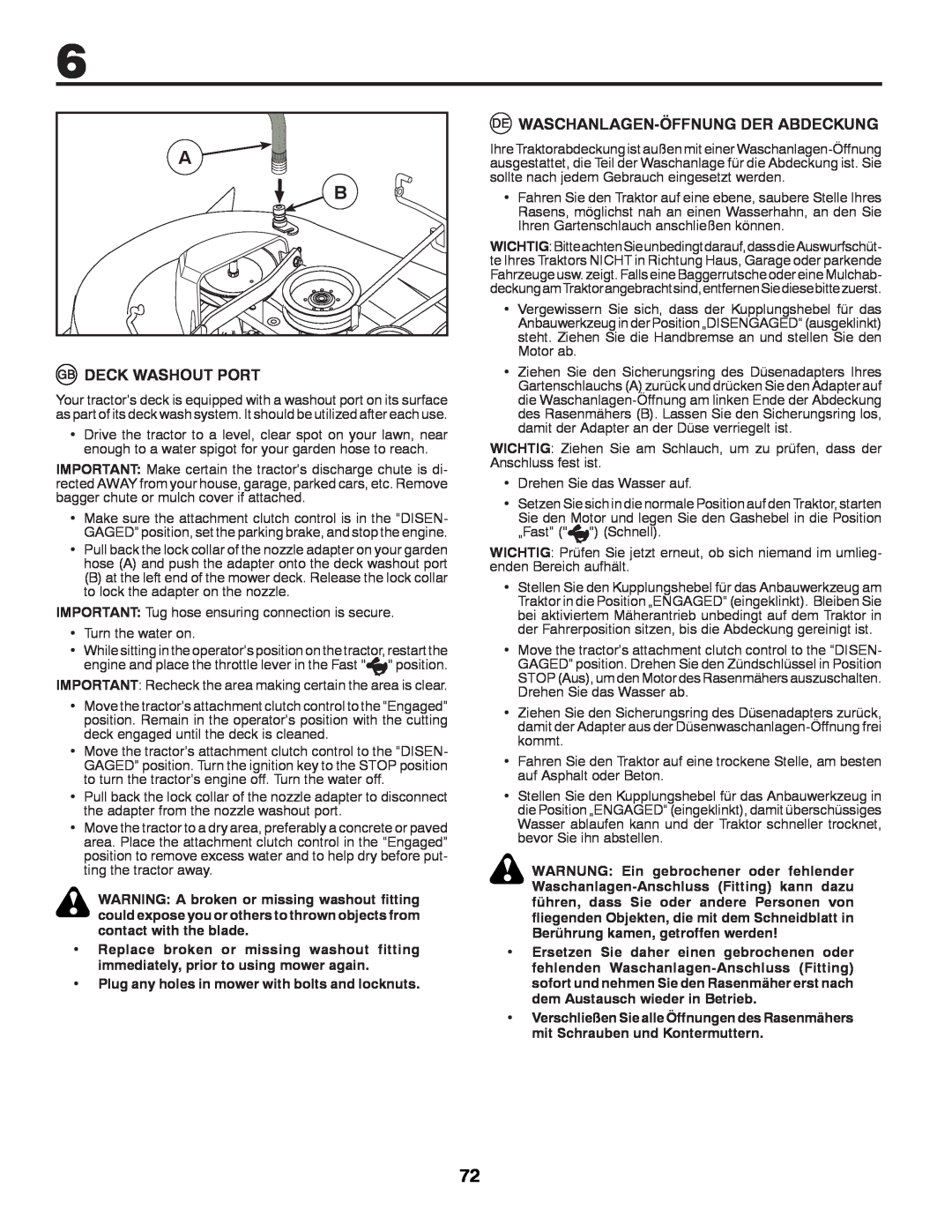 Partner Tech P145107H instruction manual Deck Washout Port, Waschanlagen-Öffnung Der Abdeckung 