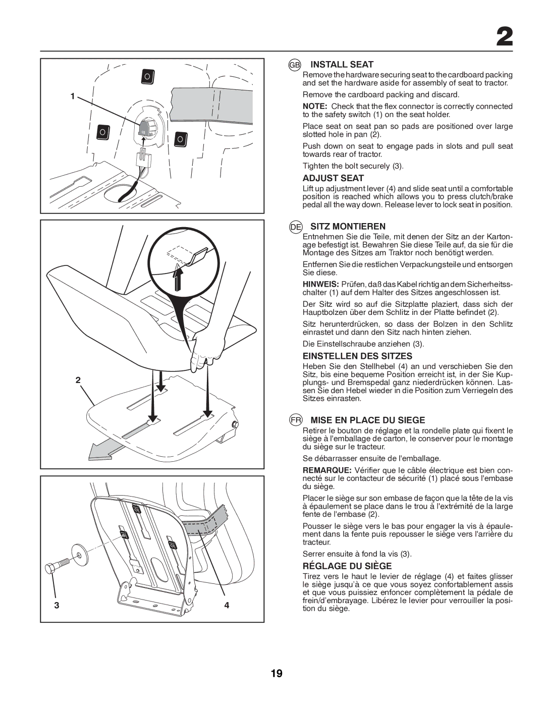 Partner Tech P145107HP Install Seat, Adjust Seat, Sitz Montieren, Einstellen DES Sitzes, Mise EN Place DU Siege 