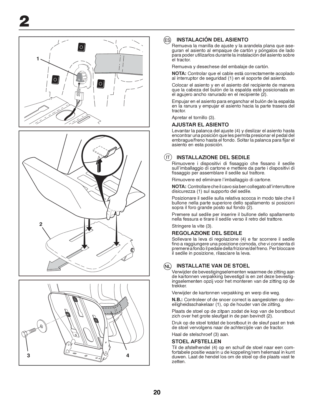 Partner Tech P145107HP Instalación DEL Asiento, Ajustar EL Asiento, Installazione DEL Sedile, Regolazione DEL Sedile 