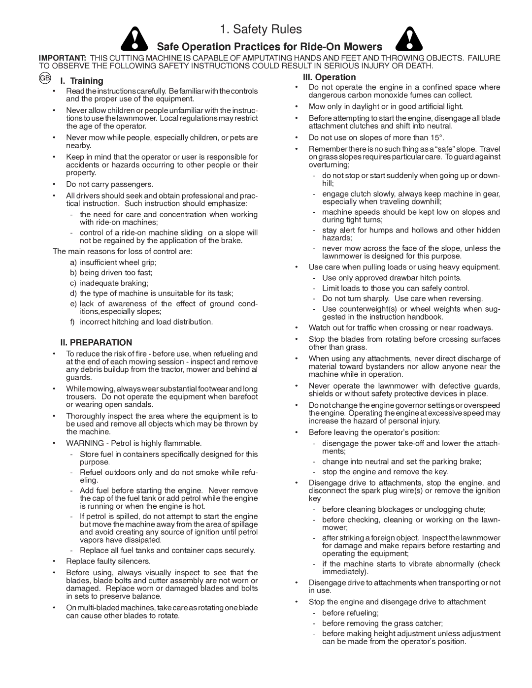 Partner Tech P145107HP instruction manual Safety Rules, Training, II. Preparation, III. Operation 