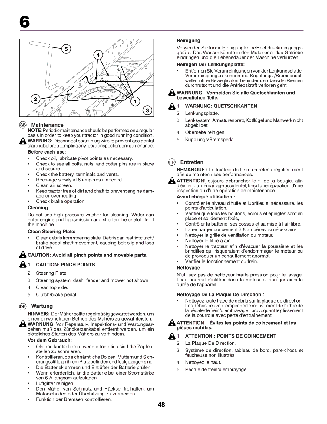 Partner Tech P145107HP instruction manual Maintenance, Wartung, Entretien, Warnung Quetschkanten 