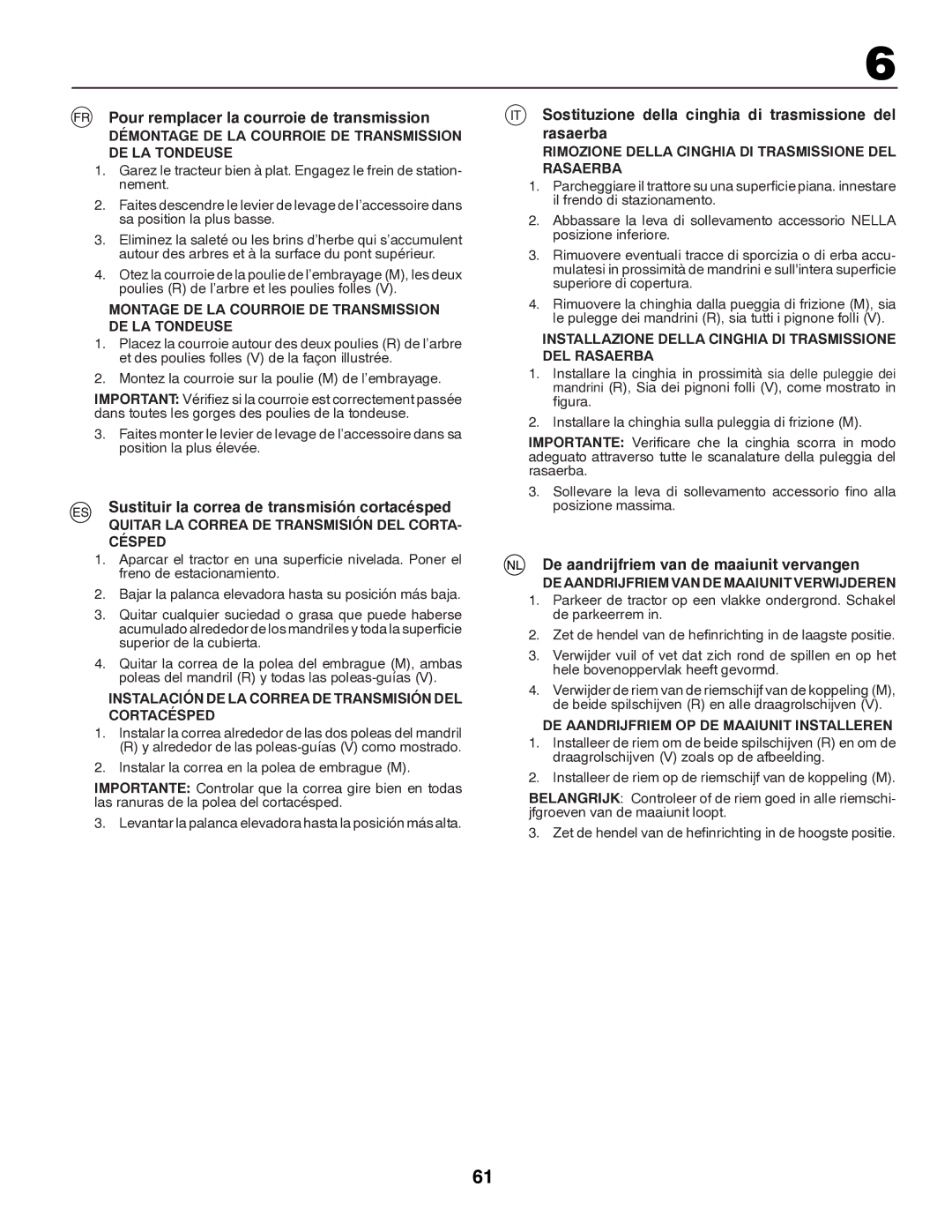 Partner Tech P145107HP Pour remplacer la courroie de transmission, Sustituir la correa de transmisión cortacésped 