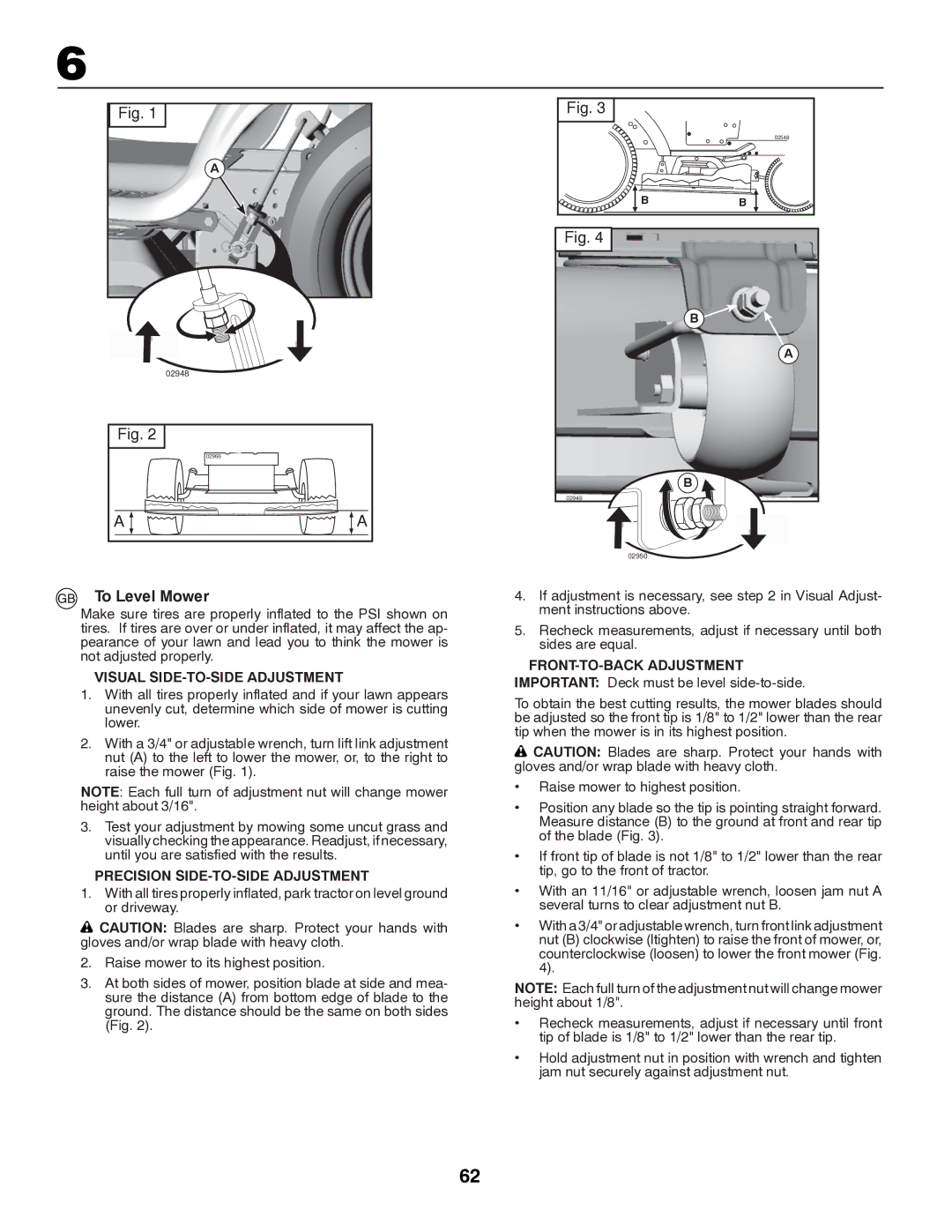 Partner Tech P145107HP instruction manual To Level Mower, Visual SIDE-TO-SIDE Adjustment, Precision SIDE-TO-SIDE Adjustment 