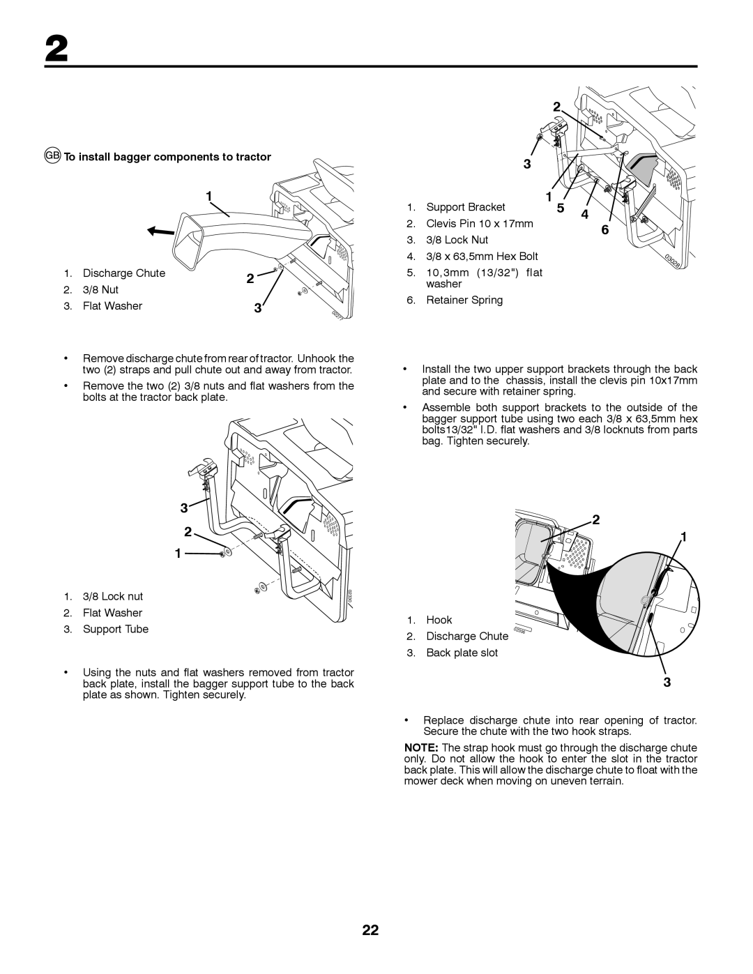 Partner Tech P200107HRB instruction manual To install bagger components to tractor, Discharge Chute Nut Flat Washer 