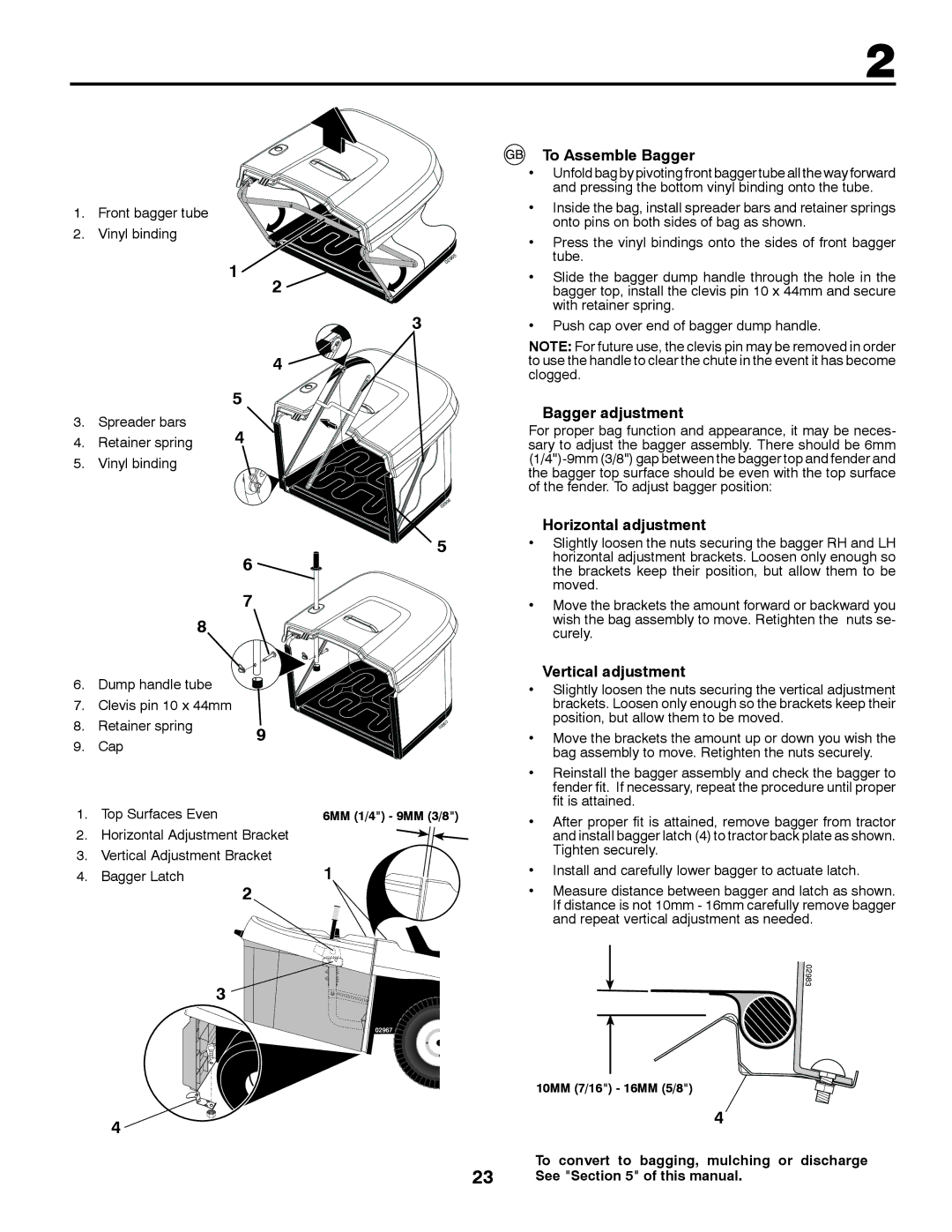 Partner Tech P200107HRB To Assemble Bagger, Bagger adjustment, Horizontal adjustment, Vertical adjustment 