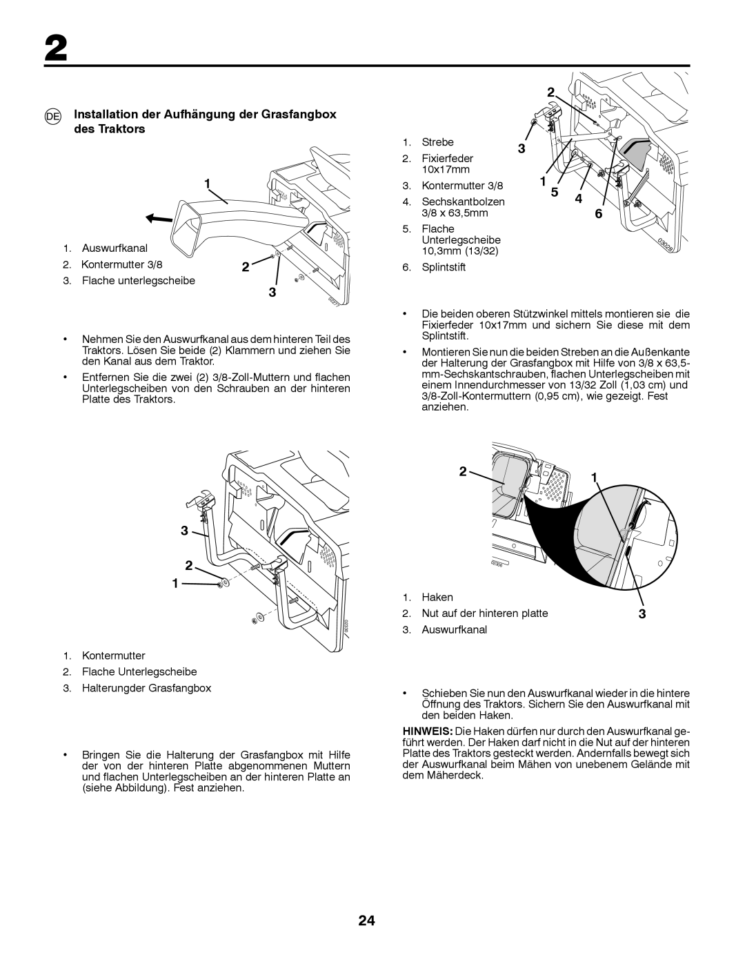 Partner Tech P200107HRB instruction manual Installation der Aufhängung der Grasfangbox des Traktors 