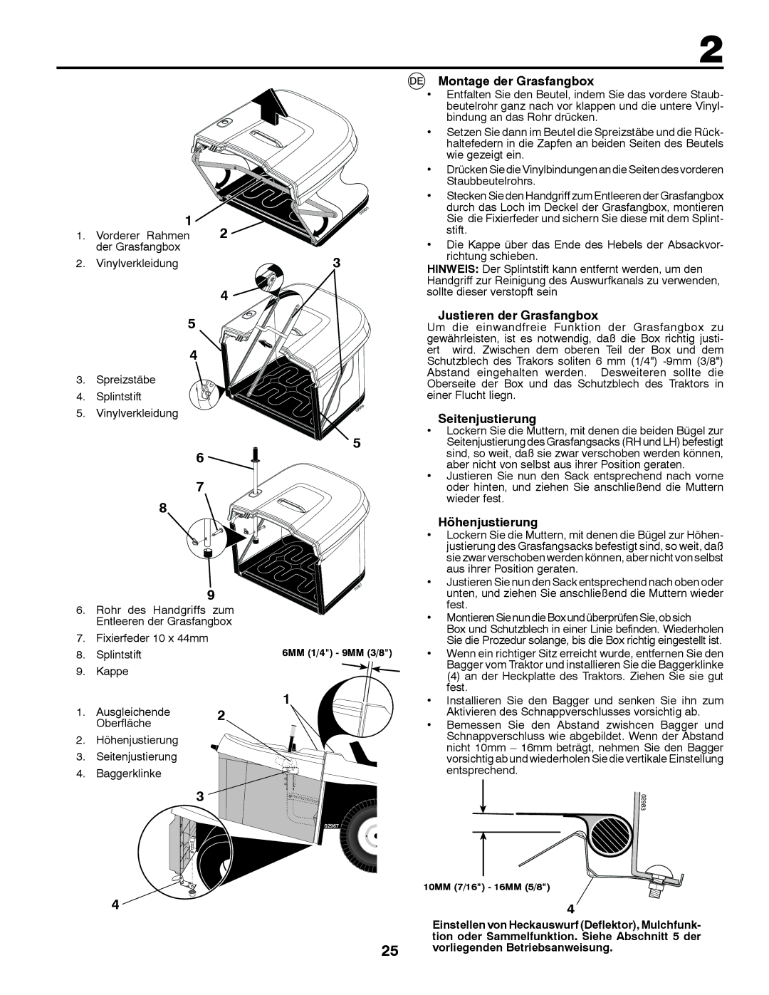 Partner Tech P200107HRB Montage der Grasfangbox, Justieren der Grasfangbox, Seitenjustierung, Höhenjustierung 